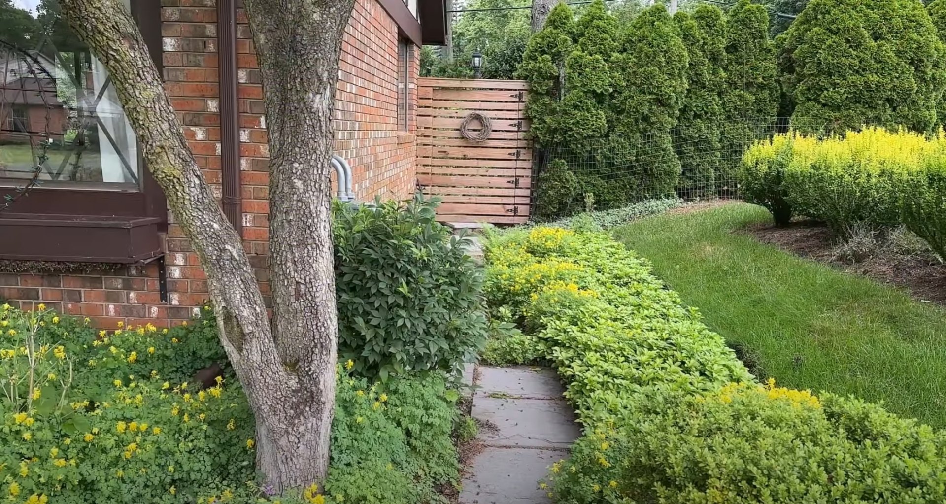Lush garden pathway with well-maintained shrubs, trees, and professional landscaping around brick home