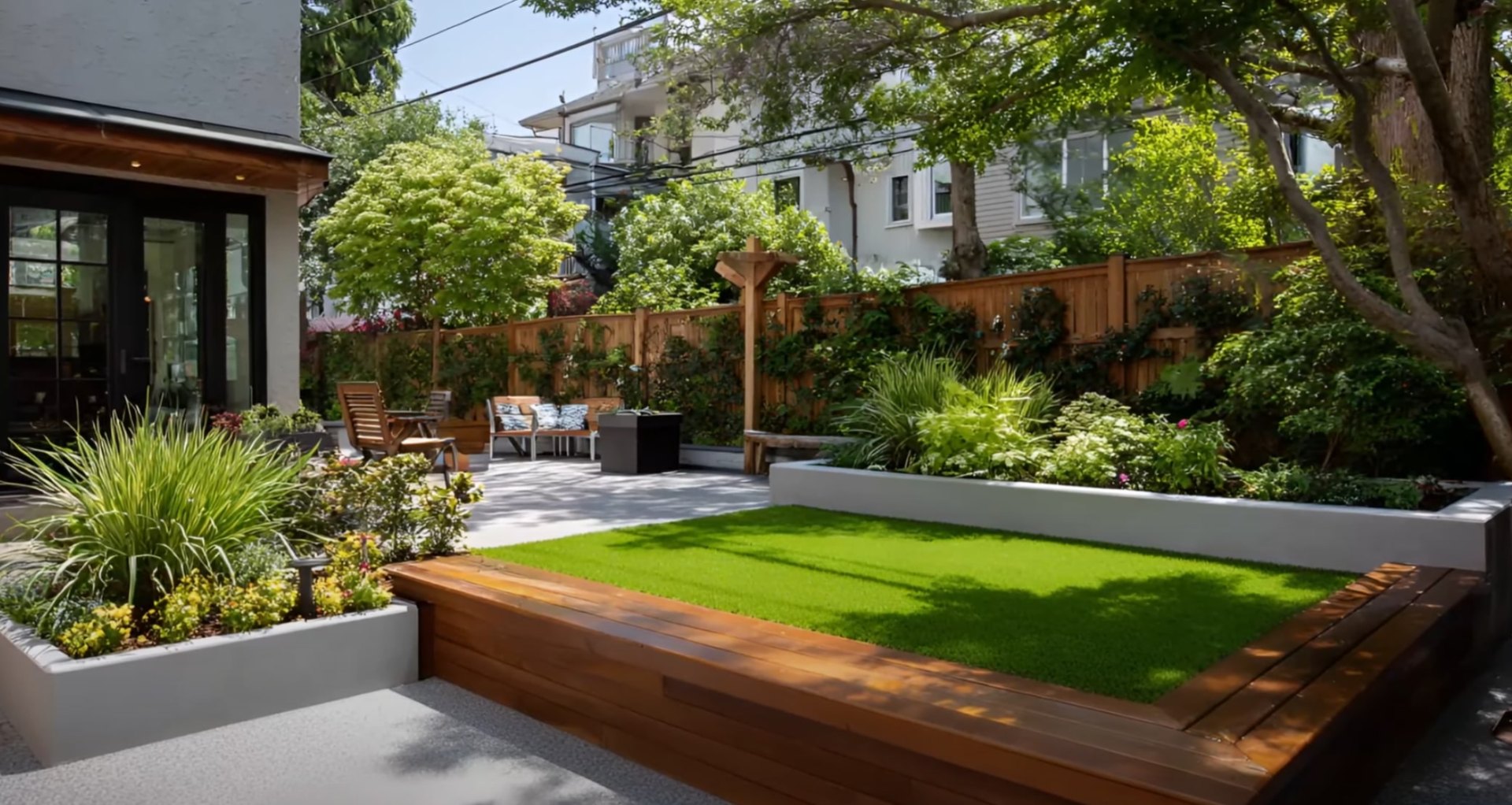 Modern backyard design with raised planters, clean lines, and professional lawn installation